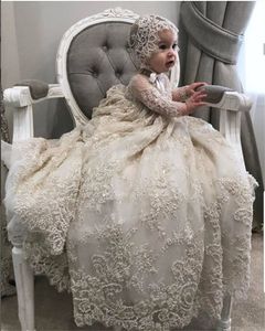 Luxury White Ivory Christening Gown Lace Pearls Baby Girls Baptism Dresses Toddler Infant Christening Dress With bonnet2707