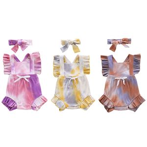 Ins Tie Dyed Newborn Bodysuits Infant Bow Jumpsuits + Headbands 2Pcs/Set Baby Ruffle Romper Fashion Boutique Kids Climbing Clothes M2618