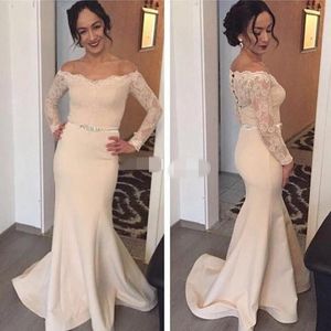 2020 Champagne Formal Mother Of The Bride Dresses Long Sleeve Lace Top Mermaid Long Arabic Evening Mother Gowns Plus Size Cheap Customized