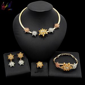 Yulaili African Costume Jewelry Sets Tricolor Wedding Bridal Accessories Nigerian Flower Pattern Necklace Earrings Bracelet Ring
