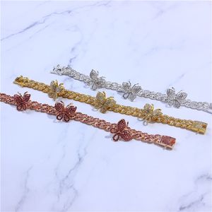 Iced Out Diamond Women Body Chain Jewelry Rhinestone Cuban Link Anklets Gold Sier Pink Butterfly Bracelets