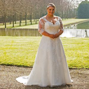 Modest V-Neck Plus Size Bröllopsklänning med ärmarna A-Line Appliqued Bridal Dress 2020 Vestido de Novia Anpassad