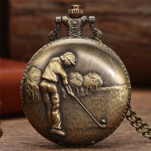 Bronzo antico 3D Golf Man Poket Watch Men Boy Display analogico al quarzo Orologio con collana lunga Orologi a catena reloj de bolsillo