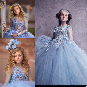 Дизайнер цветок девочки платья Jewel шеи выполненные на заказ девушки Pageant платье Бисер Аппликации Длинные рукава девушки день рождения Wear