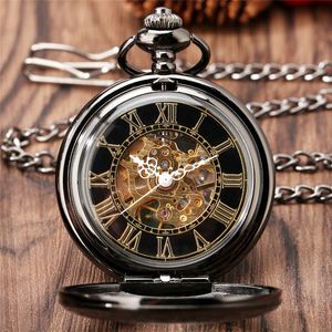 Steampunk classico orologio da taschino meccanico a carica manuale con coperchio trasparente per uomo donna numero romano quadrante scheletro FOB catena pendente orologio