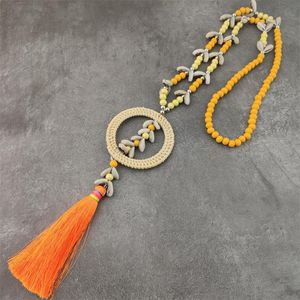 Orange Necklace Tassels al por mayor-Collares colgantes Collar de plomo de madera naranja con tasel de seda de cáscara natural hecha a mano larga para mujer joyería