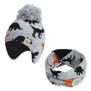 Kid Hat And Scarf Set Baby Beanies Dinosaur Jacquard Bonnet Acrylic Hat Soft Nap Inside Warm Bomber Hat