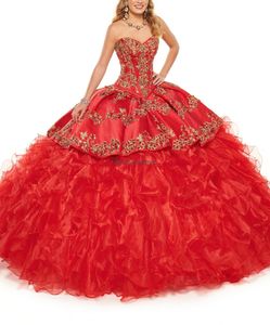 Rote Prinzessin Quinceanera-Kleider mit Stickerei 2021 Sweethart Organza-Rüschen abgestufte Maskerade-Abschlussball-Party-Kleider Vintage-Sweet-16-Kleid