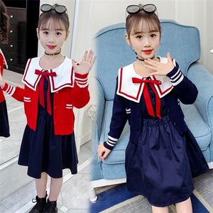 Preppy Style Little Girl Clothes Sets Cute Navy Collar Dresses + Fashion Bow Coat 2pcs Girls Clothing Comfort Children Outfits