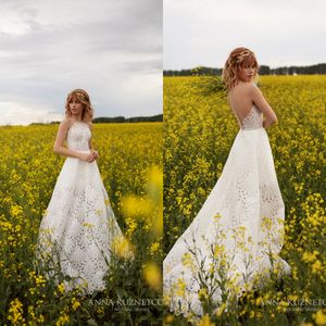 Spetsbröllop nyaste klänningar juvel hals knapp tillbaka en linje blommig bohemisk strandrockar brudklänningar vestidos