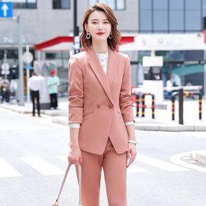 Högkvalitativ Rosa Grön Svart Kvinnor Arbete Pant Suit 2 Piece Set Blazer Suit Business Formal Blazer Jacket och Pant för intervju