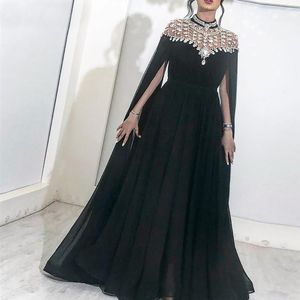 Black Evening Dresses High Neck Caped Crystals Chiffon Dubai Kftan Saudi Arabic Long Evening Gown Prom Dress