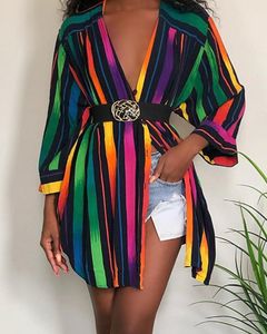 Rainbows Dresses venda por atacado-Womenser designer camisa vestidos moda arco íris cores listrado impressa vestido de verão manga comprida plus size mulheres roupas novo