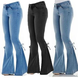 Плюс Размер Факел Ноги Брюки Женщин оптовых-Плюс размер женские джинсы повседневные стройные растягивающие джинсовые талии Жана негабаритные длинные вспышки брюки светло голубые широкие брюки