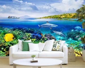 Romantic 3D Seascape peaceful wallpaper with Blue Ocean and Underwater World Shapes - Shark and Coral Background for Decorative Wall Art
