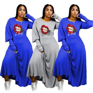 ZKYZWX Casual Plus Size Lips Print Long Dress for Women Summer Fashion Elegant Sleevess O-neck Loose Night Party Club Dresses