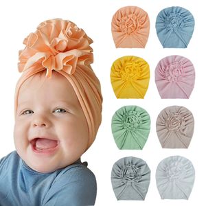 INS 20 colori New Fashion Pieghettato Stereo Flower Baby Cap Elastic Cotton Tinta unita Accessori per capelli Beanie Cap Infant Turban Hats