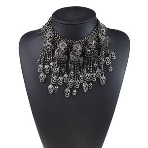 Luxury Crystal Rhinestone Skull Tassel Choker Necklace Women Maxi Chunky Chains Fringe Statement Large Collar Necklaces Pendants