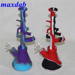 Ak47 machine gun shape Silicone Bongs Glass Water Pipe Bong hookah with mix colors Silicone Dab Straw Oil Rigs Smoking Pipes 11 Inch