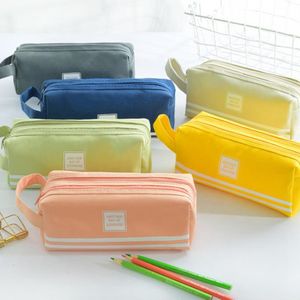 Pencil Cases Bags Large Capacity Canvas Pen Bag Box Dual Layers Pouch School Office Stationery Supplies 6 Colors TD166