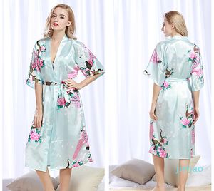 寝物着のためのファッション - 花嫁の結婚式のローブサテンローブのためのSillwear Silk Pijamaカジュアルバスローブ孔雀ロングナイトガウンの女性着物
