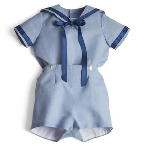 Set di abbigliamento per boutique per bambini 2020 Abito estivo per ragazzo Vestito da camicia di cotone blu navy per neonato spagnolo Pantaloni Vestito da festa di compleanno per ragazzo