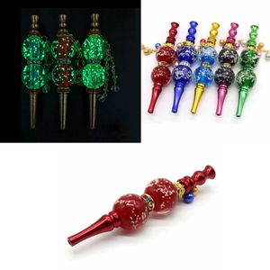 Luminous Smoke Holder Glow In Dark Hookahs Shishas Portable Inlay Crystal Pendants Hookah Tip Smoking Metal Pipe