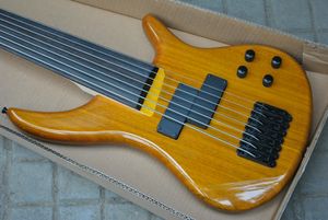 7 corda fretless Madeira natural de um pedaço de fingerboard do corpo de uma peça e rebanho de Rosewood 24 trastes, hardware preto China guitarra elétrica Bass