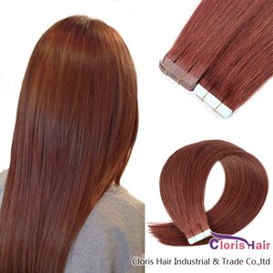 Cuticle Aligned #33 Dark Auburn Adhesive Tape In Human Hair Extensions Real Brazilian Remy Straight 20pcs Machine Made Seamless Pu Skin Weft