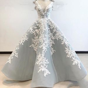 Abiti da sera musulmani argento Abito da ballo con scollo a V Tulle Appliques Dubai islamico Abito da sera lungo in pizzo con abito da sera arabo saudita