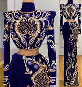 Abito da sera Yousef aljasmi Kim kardashian Collo alto Applicazioni in oro Ricamo Sirena Manica lunga Cristallo Blu Zuhair murad Ziadnakad 0017