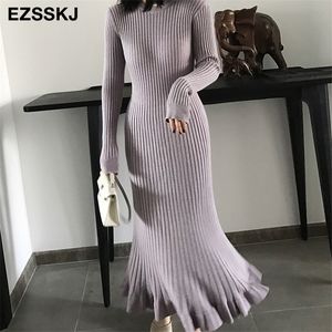 autumn winter thick mermaid maxi sweater dress women o-neck long sweater dress elegant female a-line slim sexy knit dress