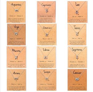 Signos Del Zodiaco Colgante al por mayor-12 Collares del zodiaco con la tarjeta de regalo Constelación Signo colgante Cadenas de plata Collar para hombres Mujeres Joyería de moda en bulto gratis