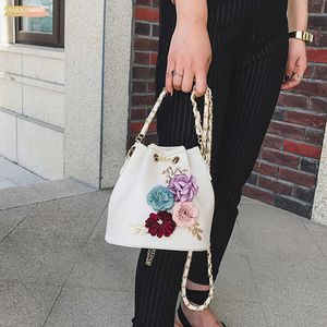 Vintage Handmade Flowers Bucket Bags Mini Shoulder Bags With Drawstring Small Cross Body Bags Pearl Pu Leaves Decals