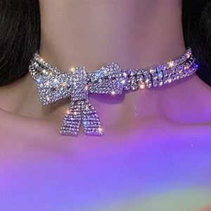 Pendant Necklaces Iced Out Luxury Women Necklaces Tennis Chains Bow Pendant Collar Choker Necklace Fashion Bling Crystal Rhinestone Diamond Hip Hop Jewelry