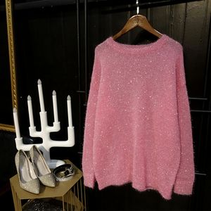 New autumn fashion women's o-neck long sleeve pullover lurex shinny bling sweater tops knitwear jumpers