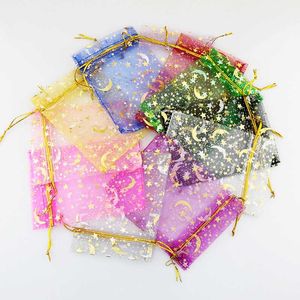 100 pzSacchetti di organza con stella lunare Piccoli sacchetti regalo con coulisse natalizia Fascino Sacchetti per imballaggio di gioielli Sacchetti 7x9 9x12 cm