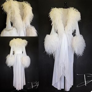 豪華な白い羽毛毛皮の女性冬の着物妊娠パーティースリープウェアマタニティバスローブシフォンナイトガウンポグランドローブS316E