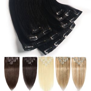 Clipe cutícula Alinhados Virgin Cabelo Humano em extensões Louro Pretos Brown Silky Clipe Em Frente cabelo 70g 100g 120g brasileiro cabelo indiano Remy