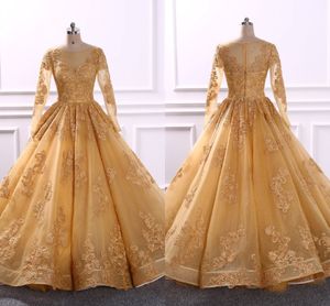 Złoty koronkowy tiul eleganckie sukienki wieczorowe vestidos de quinceanera Applique długie rękawy Sheer dekolt łódź drapowana A-line Sweet 16 Prom