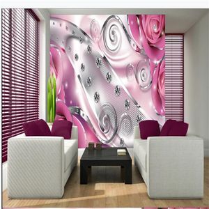 Bela linha de metal diamante rosa papéis de parede parede de fundo murais 3d papel de parede para sala de estar