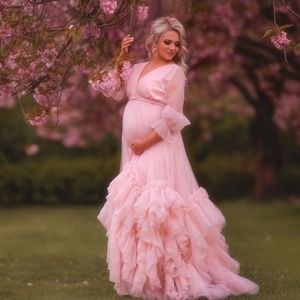 Розовый Высокая Низкая Материнство платья Ruffled Материнство платье для Photoshoot Будуар Белье Тюль Халат Ночное Babydoll Robe