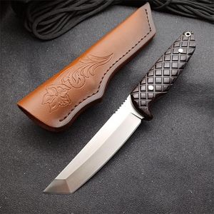 Survival Straight Knife VG10 Satin Tano Point Blade Full Tang Tang Maniglia in ebano Coltelli tattici con guaina in pelle
