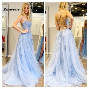 2021 Stunning Sky Blue Prom Dresses Tulle A-Line Vestidos de Gala Formella Wear Appliques Lace Up Corset Evening Party Gowns
