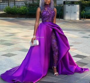 Newest Purple Overskirt Jumpsuit Prom Dresses High Neck Appliqued Side Split Evening Beaded Sequined Plus Size Sweep Train Party Dress