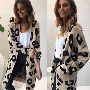 Autumn New Mulheres Camisolas Leopard malha Long Cardigan camisola de manga longa Overcoat Senhora Outwear Casacos Moda