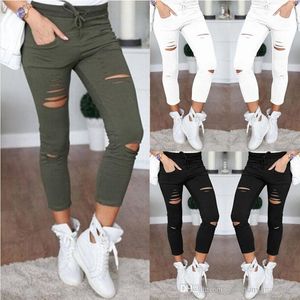 Women Denim Skinny Jeans Slim-fit Feet Pants Holes Destroyed Knee Pencil Pants Casual Trousers Black White Stretch Ripped Jeans