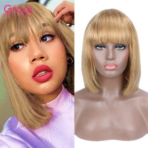 Honey Blonde Straight Short Bob Wigs with Bangs Pixie Cut Human Hair Brazylijski Remy Front Non Lace Wig Pre-Colored # 27 Glueless Fringe Wig