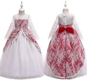 Kış Dantel Uzun Kollu Communion Elbise çöp Kızlar Beyaz Ve Kırmızı Dantel Big Bow Prenses Düğün Misafir Elbise Çiçek Kız Elbise Uzun Güz