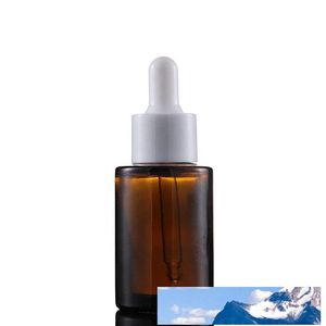 Großhandel 30 ml Glas-Tropfpipettenflasche, bernsteinfarbener, klarer, gefrosteter Kosmetik- und Cremebehälter mit schwarz-weißen Deckeln